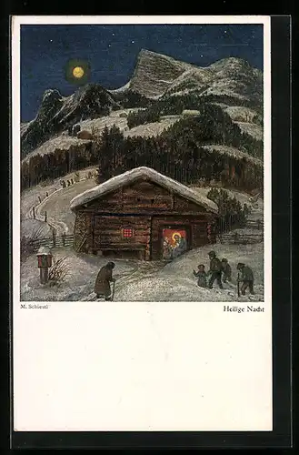 Künstler-AK Matthäus Schiestl: Heilige Nacht, Pilger vor dem Stall