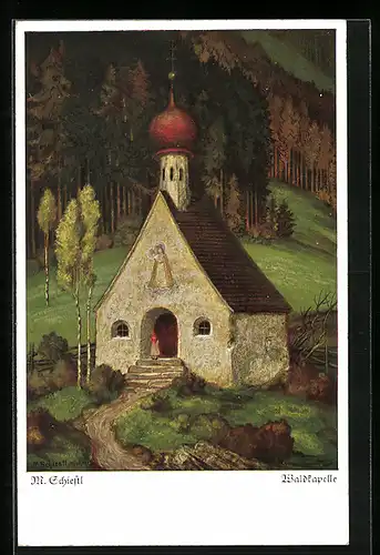 Künstler-AK Matthäus Schiestl: Waldkapelle mit Kind