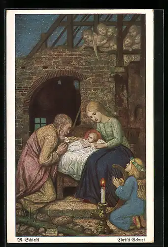 Künstler-AK Matthäus Schiestl: Christi Geburt, Heilige Familie und Engel