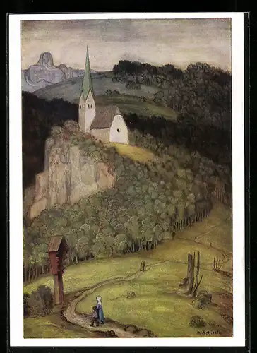 Künstler-AK Matthäus Schiestl: Ortsansicht mit Kirche