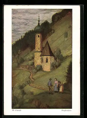 Künstler-AK Matthäus Schiestl: Bauern vor der Bergkirche