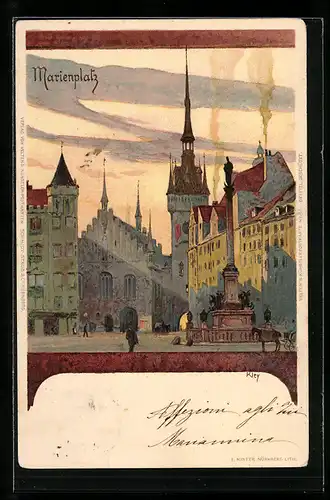 Künstler-Lithographie Heinrich Kley: Partie am Marienplatz