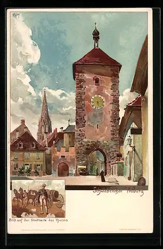 Künstler-AK Heinrich Kley: Freiburg, Partie am Schwabentor, Bild auf der Stadtseite des Turms, Mann vor Pferdewagen