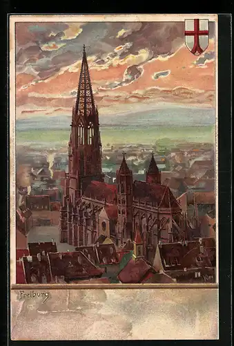 Künstler-AK Heinrich Kley: Freiburg, Münster m. Wappen