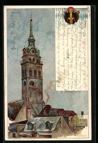 Künstler-AK Heinrich Kley: München, Petersturm, Münchner Kindl, Wappen