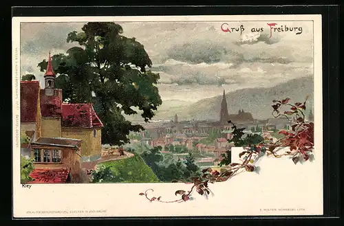 Künstler-AK Heinrich Kley: Freiburg, Teilansicht des Ortes mit Kirche im Hintergrund