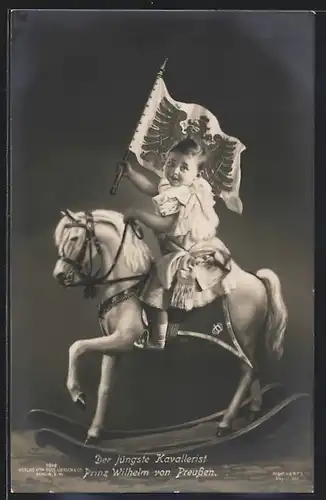 AK Prinz Wilhelm mit Fahne auf einem Schaukelpferd