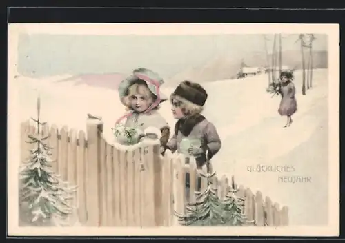 Künstler-AK Theo Stroefer Serie Nr. 674: Kinder im Schnee an einem Zaun