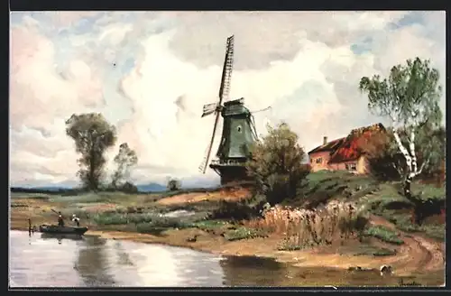 AK Windmühle am Ufer eines Flusslaufs