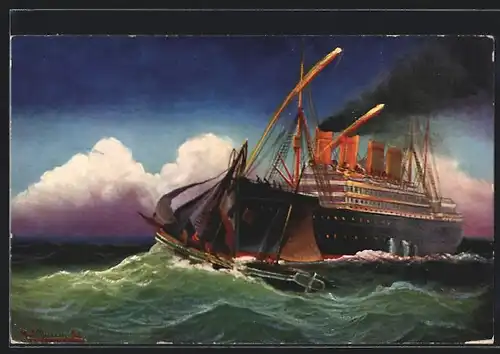 Künstler-AK Theo Stroefer Serie Nr. 911: Segelboot und Passagierschiff