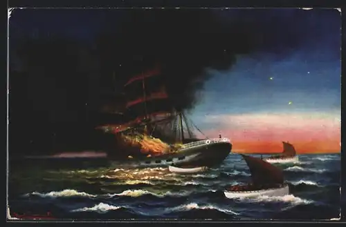 Künstler-AK Theo Stroefer Serie Nr. 911: Brennendes Segelschiff mit Rettungsbooten