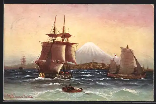 Künstler-AK Theo Stroefer Serie Nr. 727: Yokohama, Ortsansicht mit Schiffen