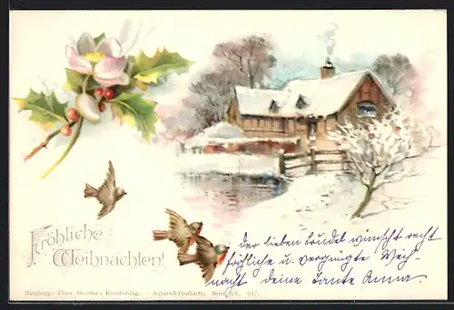 AK Ein Haus inmitten einer winterlichen Landschaft zu Weihnachten, Vögel umfliegen einen Mistelzweig