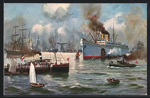 Künstler-AK Theo Stroefer Serie Nr. 1217: Schiffsverkehr im Hafen