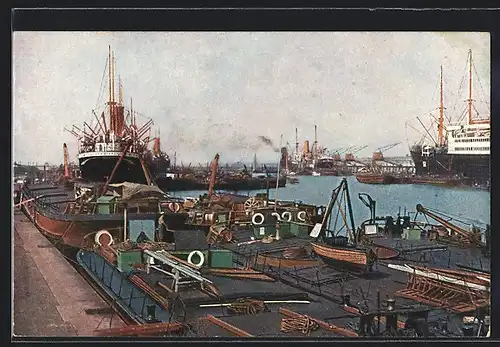 Künstler-AK Theo Stroefer Serie Nr. 1311: Lastkähne und Schiffe im Hafen