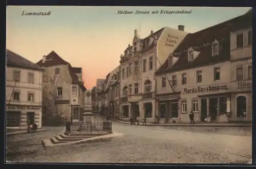 AK Lommatzsch, Meissner Strasse mit Kriegerdenkmal