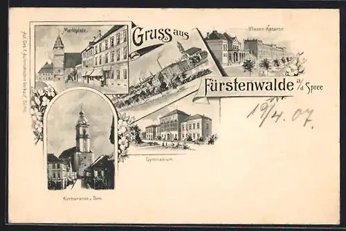 AK Fürstenwalde /Spree, Ulanen-Kaserne, Marktplatz, Gymnasium, Kirchstrasse