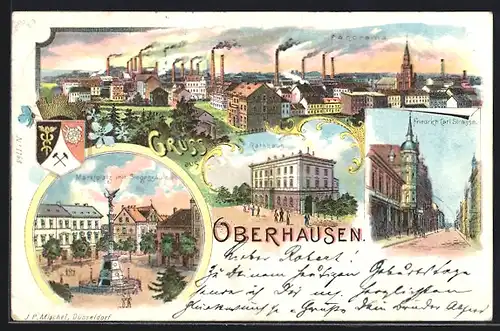 Lithographie Oberhausen, Rathaus, Marktplatz mit Siegessäule, Friedrich Carl-Strasse