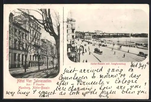 AK Hamburg-Neustadt, Hotel Vier Jahreszeiten, Alster-Bassin mit Jungfernstieg