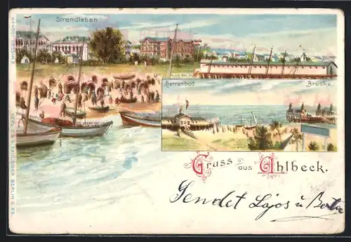 Lithographie Ahlbeck, Strandleben, Herrenbad