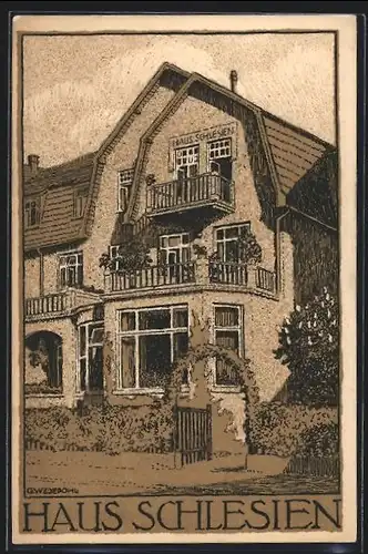 Künstler-AK Bad Oeynhausen, Hotel Haus Schlesien in der Bismarckstr. 1