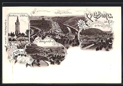 Lithographie Kyllburg i. d. Eifel, Malberg, Marienturm, St. Thomas