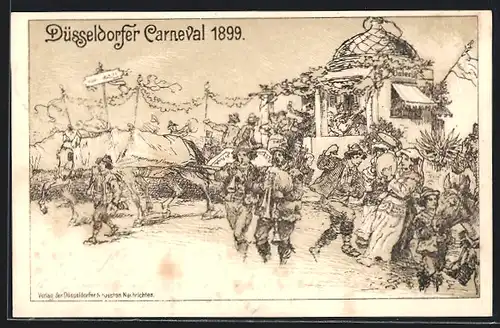 Lithographie Düsseldorf, Carneval 1899, Festzug mit Ochsenwagen Osteria