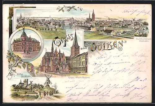Lithographie Dülken, Gloria Tibi Dülken, Rathaus, Kirche mit Kaiser-Wilhelm-Denkmal