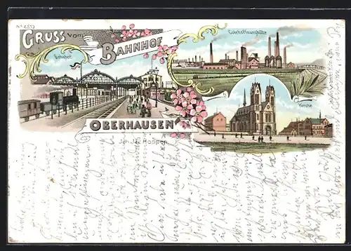 Lithographie Oberhausen, Gutehoffnunghütte, Bahnhof, Kirche