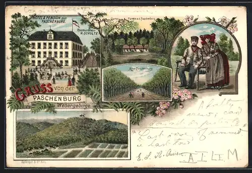 Lithographie Paschenburg /Wesergebirge, Hotel & Pension zur Paschenburg, Garten-Partie a. d. Paschenburg
