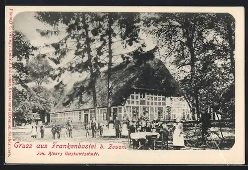 AK Frankenbostel b. Zeven, Joh. Albers Gasthaus, davor fröhliche Gäste