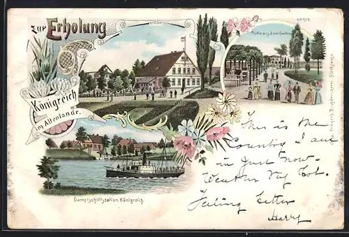 Lithographie Königreich / Altenlande, Gasthaus Zur Erholung J. Hinzpeter, Garten und Dampfschiffstation