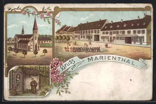 Lithographie Marienthal, Gasthaus zum Engel, Kirche, Kapelle