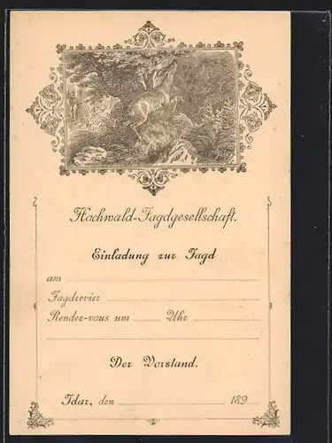 Lithographie Idar, Jagdeinladung der Hochwald-Jagdgesellschaft, Springender Rehbock