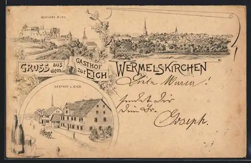 Lithographie Wermelskirchen, Gasthof zur Eich, Schloss Burg