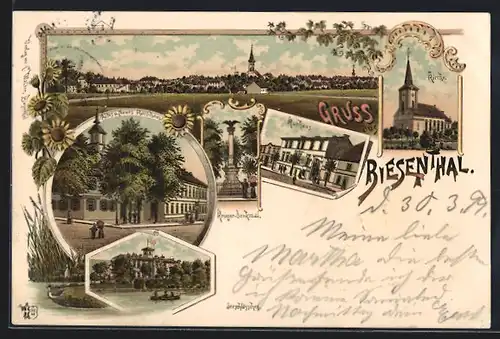 Lithographie Biesenthal, Restaurant Seeschlösschen, Gasthof Kurhaus, Altes und Neues Rathaus