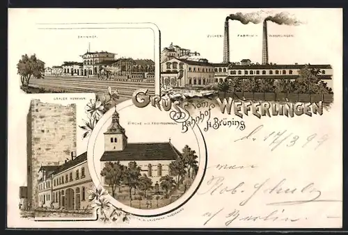 Lithographie Weferlingen, Bahnhof, Zucker-Fabrik, Grauer Hermann