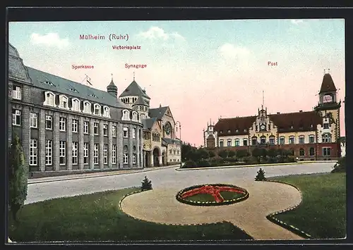 AK Mülheim /Ruhr, Victoriaplatz mit Synagoge, Post und Sparkasse