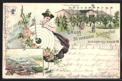 Lithographie Flensburg, 30. nordisches Schützenfest 1898, Gasthaus St. Nicolai Schützenhof