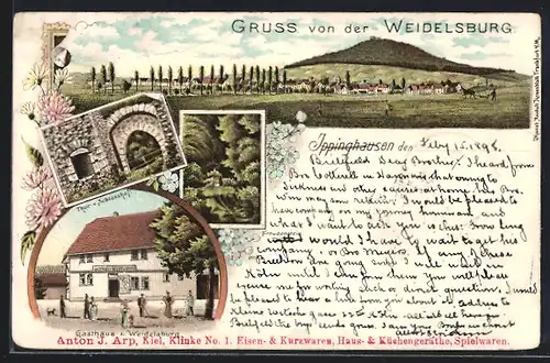 Lithographie Ippinghausen, Gasthaus zur Weidelsburg, Ortsansicht mit Weidelsburg, Freundensteig, Tor zum Schlosshof
