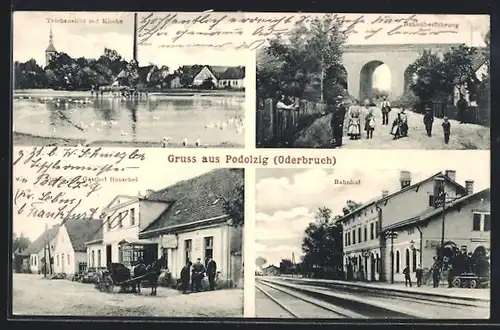 AK Podelzig /Oderbruch, Strasse mit Gasthof Henschel, Bahnhof von der Gleisseite, Bahnüberführung