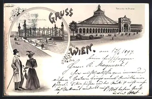 Lithographie Wien, Rotunde im Prater, Augartenbrücke