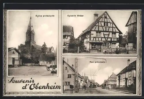 AK Obenheim, Epicerie Weber, Eglise protestante, Rue principale