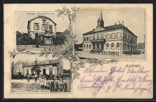 AK Illfurt, Gasthaus Alois Tresch, Gemeinde-Schulhaus, Pfarrhaus und Monument Bachelen
