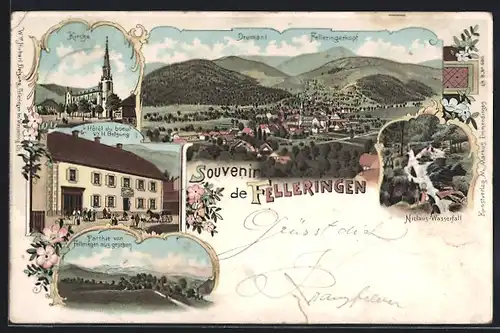 Lithographie Felleringen, Hotel du Boeuf, Niclaus-Wasserfall, Kirche, Ortsansicht