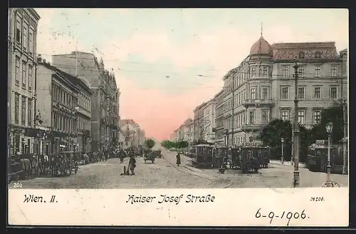 AK Wien, Kaiser Josef Strasse mit Strassenbahnen und Kutschen
