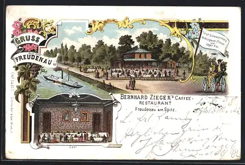 Lithographie Wien, Freudenau am Spitz, Bernhard Ziegers Caffee-Restaurant mit Garten und Saal