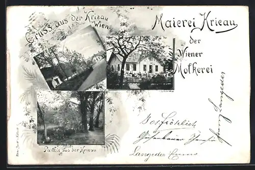 AK Wien, Krieau, Gasthaus Maierei Krieau der Wiener Molkerei mit Strasse und Garten, Krieau-Partie