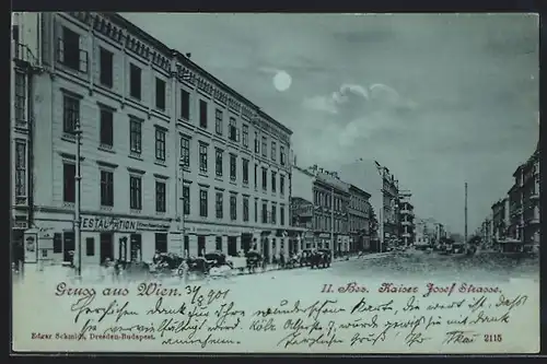 Mondschein-AK Wien, Kaiser Josef Strasse mit Gasthaus und Kutschen