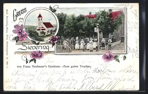 Passepartout-AK Wien-Sievering, F. Neubauers Gasthaus zum guten Tropfen, Gartenansicht, Kirche